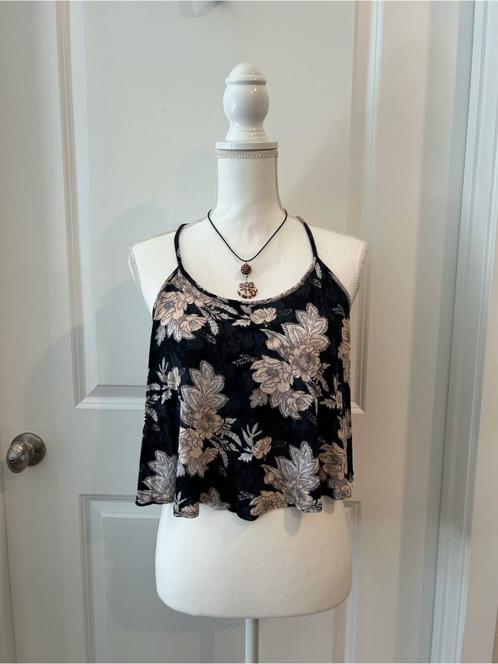 Forever 21 Black Velvet Floral Cami with Cream Flowers